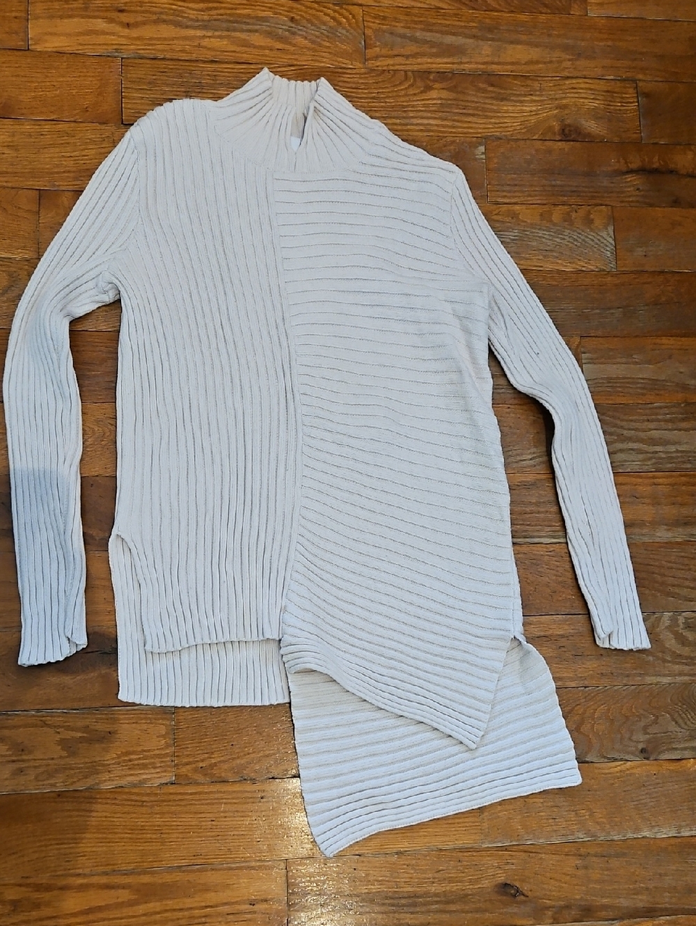 Cabi Light Cream Ribbed Knit Asymmetric Sweater